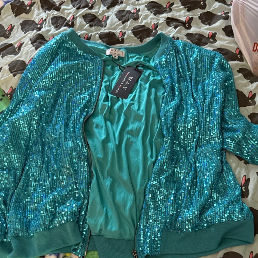 Vintage Turquoise Sequin Bomber Jacket